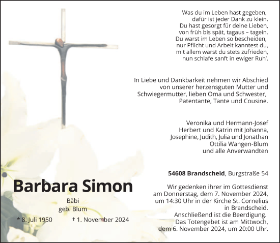 Traueranzeige von Barbara Simon von trierischer_volksfreund