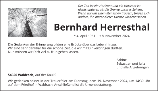 Traueranzeige von Bernhard Herresthal von trierischer_volksfreund