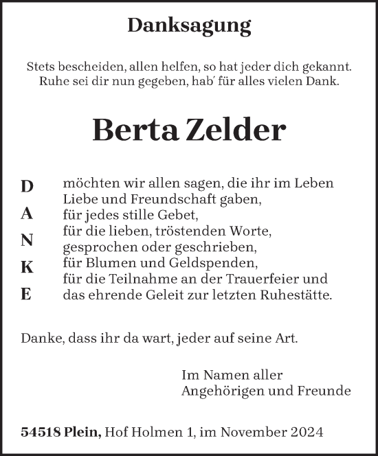 Traueranzeige von Berta Zelder von trierischer_volksfreund