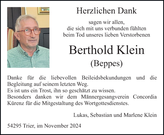 Traueranzeige von Berthold Klein von trierischer_volksfreund