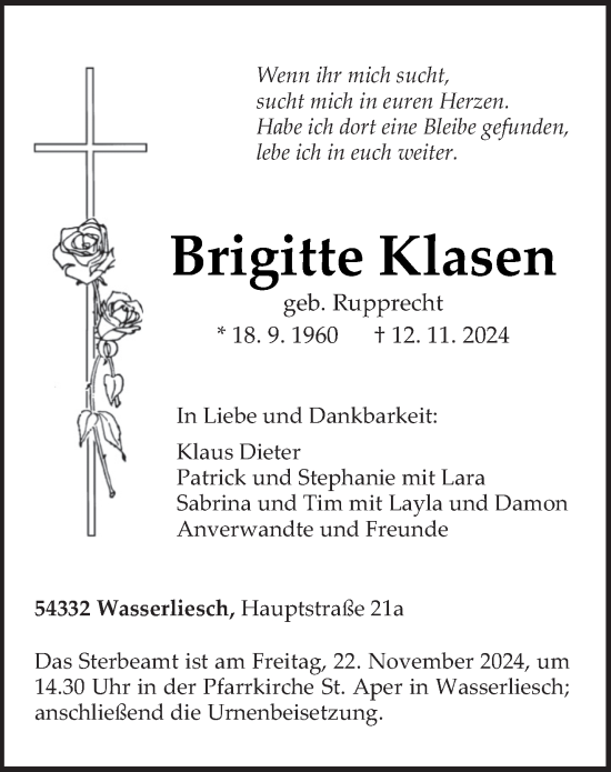 Traueranzeige von Brigitte Klasen von trierischer_volksfreund