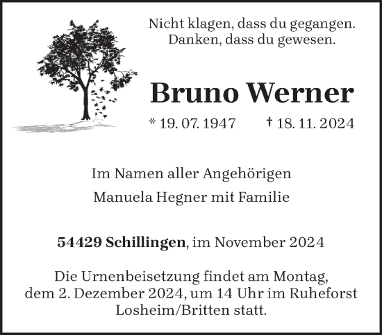 Traueranzeige von Bruno Werner von trierischer_volksfreund