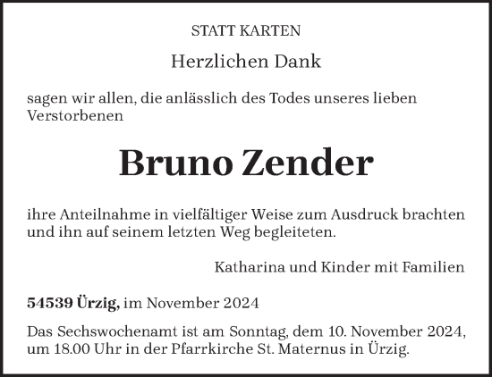 Traueranzeige von Bruno Zender von trierischer_volksfreund