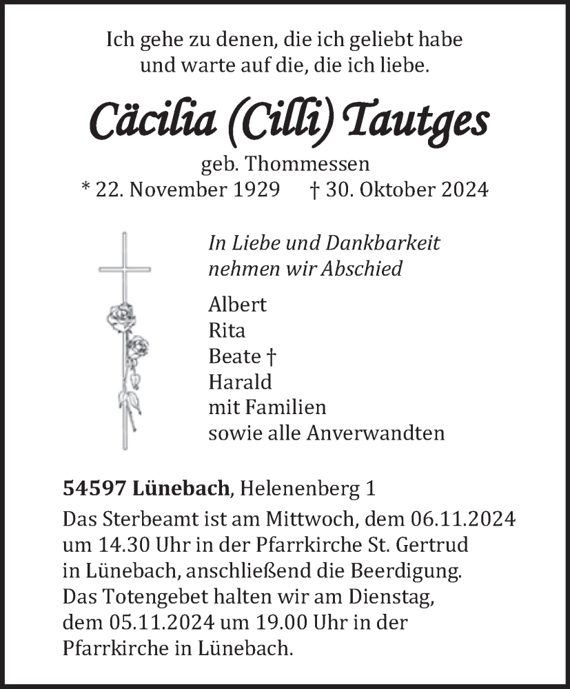  Traueranzeige für Cäcilia Tautges vom 02.11.2024 aus trierischer_volksfreund