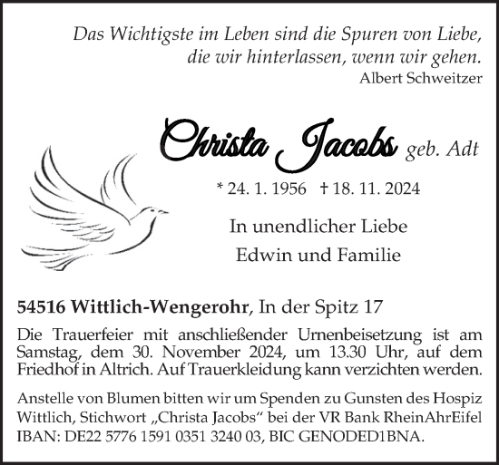 Traueranzeige von Christa Jacobs von trierischer_volksfreund