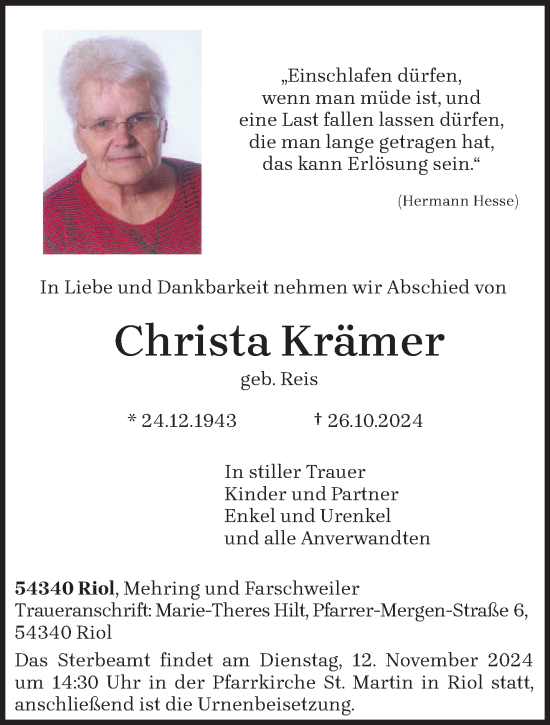 Traueranzeige von Christa Krämer von trierischer_volksfreund