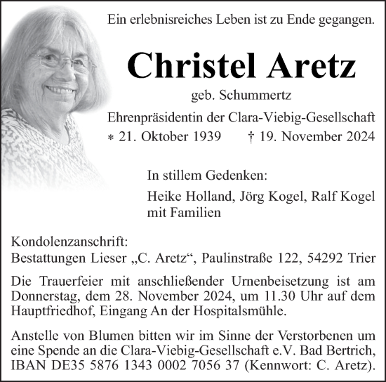 Traueranzeige von Christel Aretz von trierischer_volksfreund