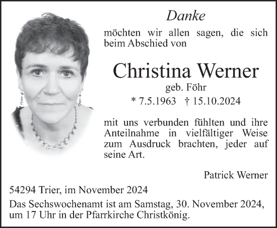 Traueranzeige von Christina Werner von trierischer_volksfreund