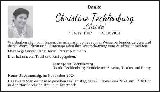 Traueranzeige von Christine Tecklenburg von trierischer_volksfreund