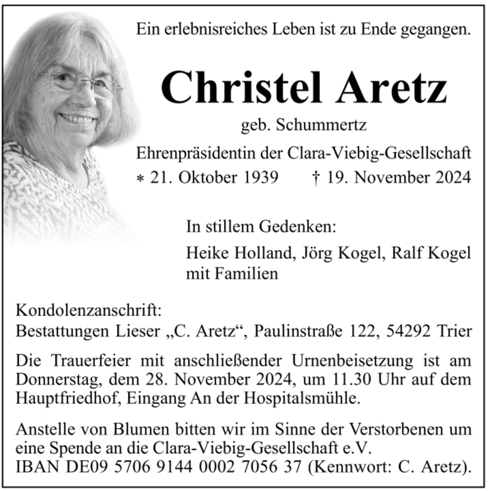  Traueranzeige für Christel Aretz vom 23.11.2024 aus trierischer_volksfreund