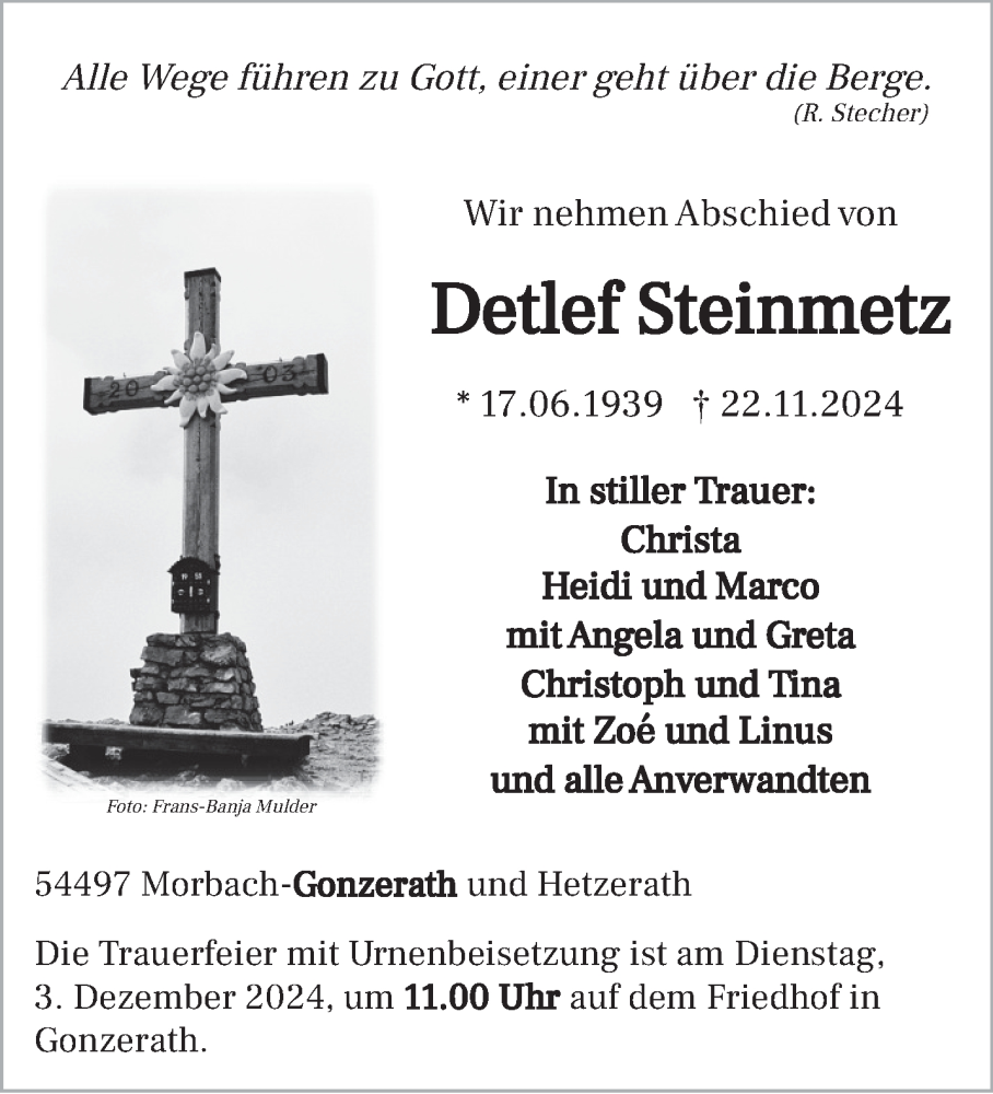 Traueranzeige für Detlef Steinmetz vom 27.11.2024 aus trierischer_volksfreund