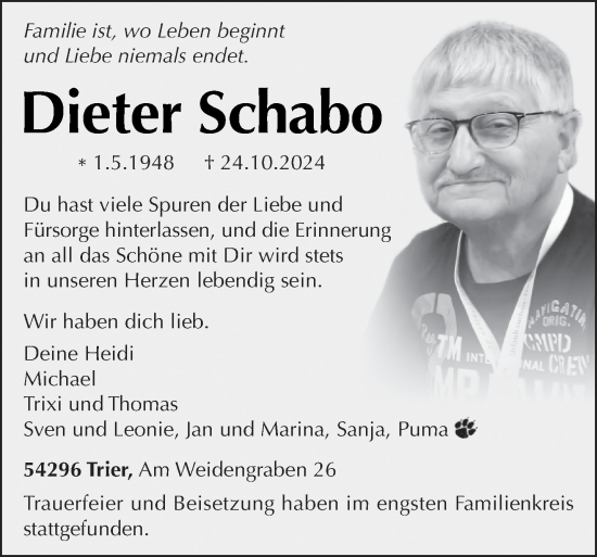 Traueranzeige von Dieter Schabo von trierischer_volksfreund