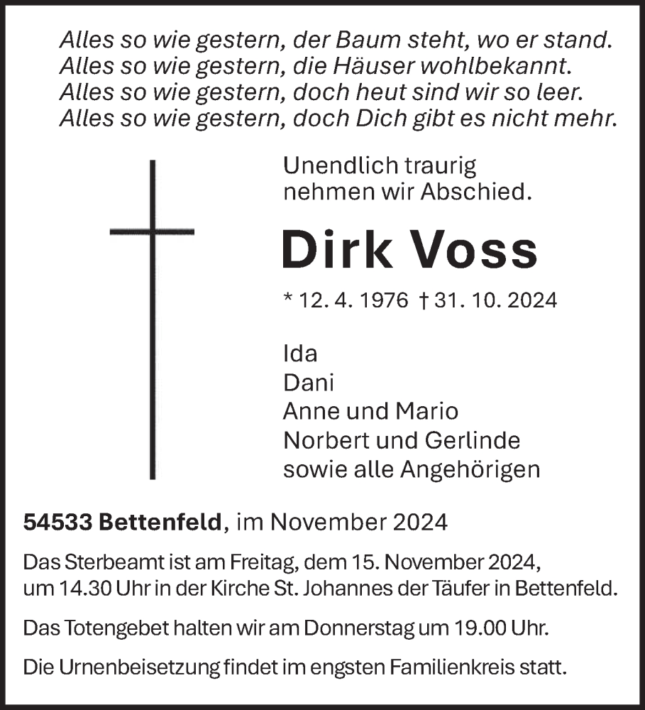  Traueranzeige für Dirk Voss vom 09.11.2024 aus trierischer_volksfreund