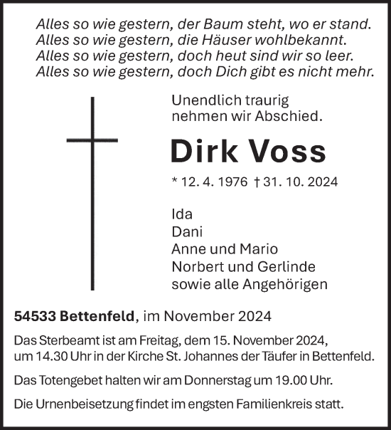 Traueranzeige von Dirk Voss von trierischer_volksfreund