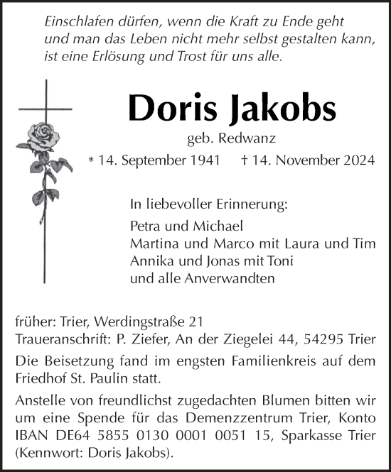 Traueranzeige von Doris Jakobs von trierischer_volksfreund