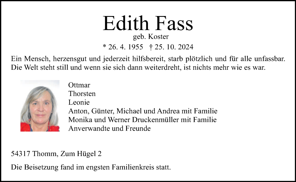  Traueranzeige für Edith Fass vom 09.11.2024 aus trierischer_volksfreund