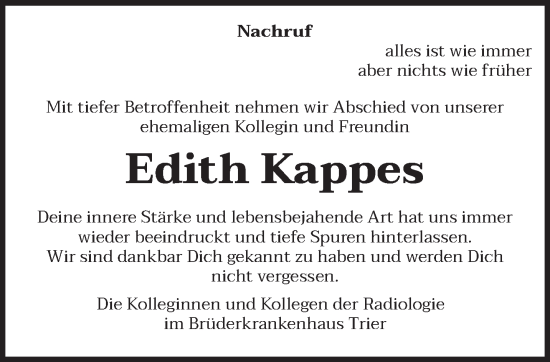 Traueranzeige von Edith Kappes von trierischer_volksfreund