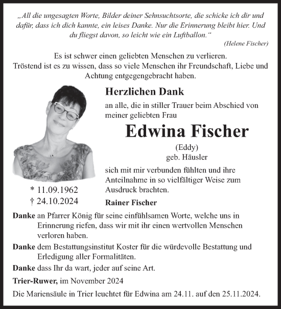 Traueranzeige von Edwina Fischer von trierischer_volksfreund