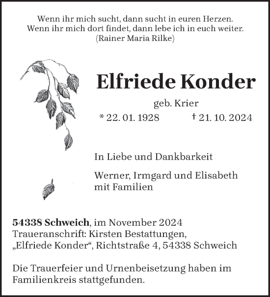 Traueranzeige von Elfriede Konder von trierischer_volksfreund