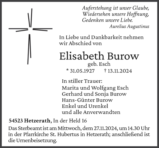 Traueranzeige von Elisabeth Burow von trierischer_volksfreund