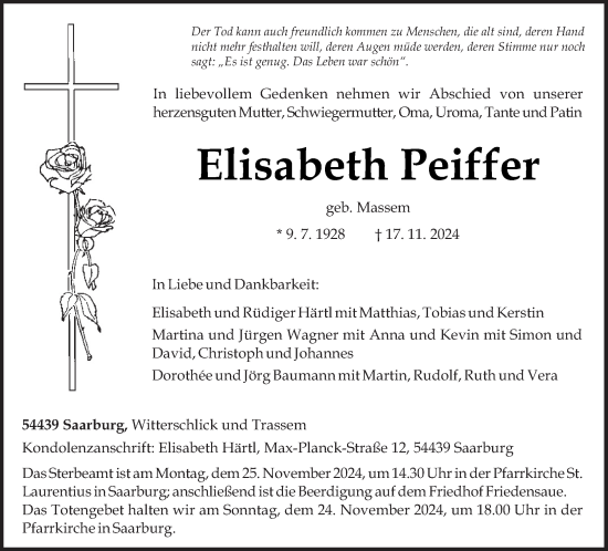 Traueranzeige von Elisabeth Peiffer von trierischer_volksfreund