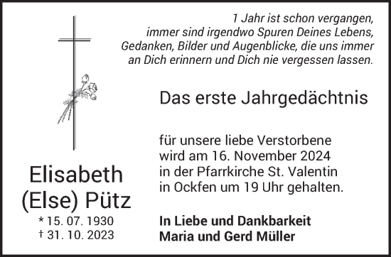 Traueranzeige von Elisabeth  Pütz von trierischer_volksfreund