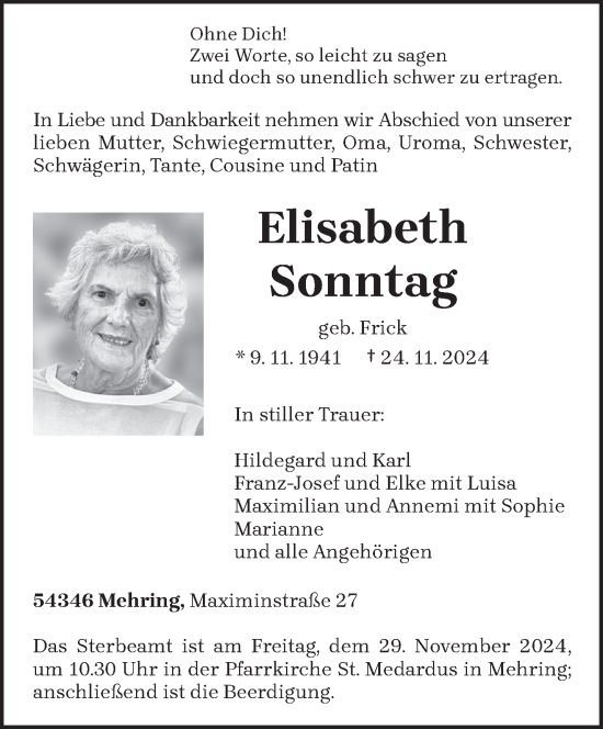 Traueranzeige von Elisabeth Sonntag von trierischer_volksfreund