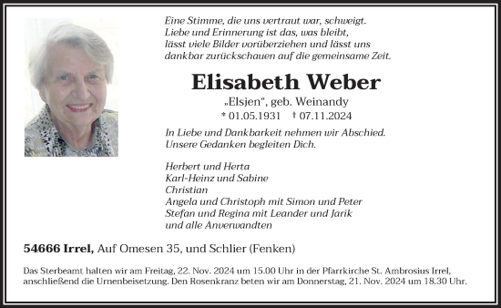 Traueranzeige von Elisabeth Weber von trierischer_volksfreund