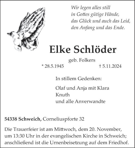 Traueranzeige von Elke Schlöder von trierischer_volksfreund