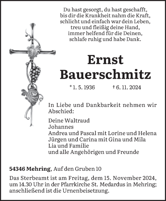 Traueranzeige von Ernst Bauerschmitz von trierischer_volksfreund