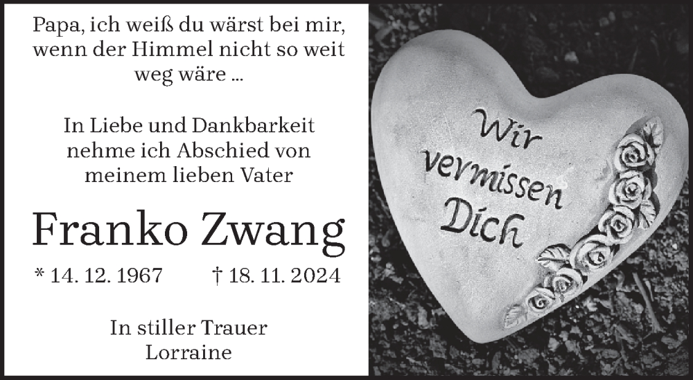  Traueranzeige für Franko Zwang vom 23.11.2024 aus trierischer_volksfreund