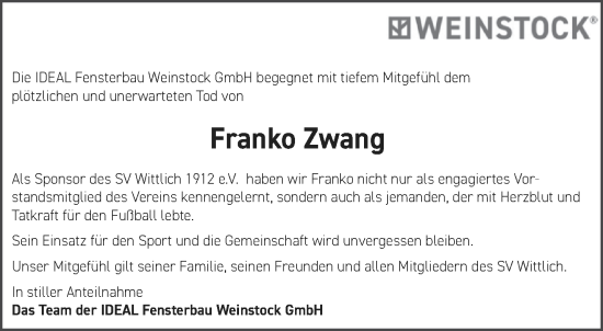 Traueranzeige von Franko Zwang von trierischer_volksfreund