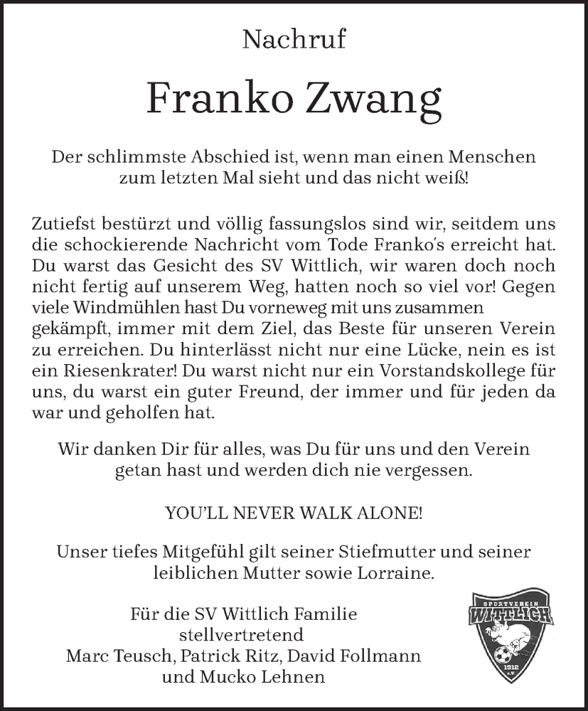  Traueranzeige für Franko Zwang vom 23.11.2024 aus trierischer_volksfreund