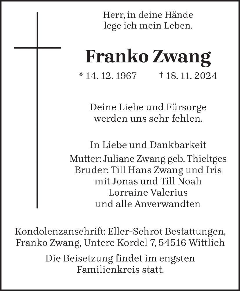  Traueranzeige für Franko Zwang vom 23.11.2024 aus trierischer_volksfreund