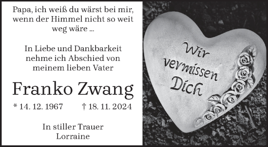 Traueranzeige von Franko Zwang von trierischer_volksfreund