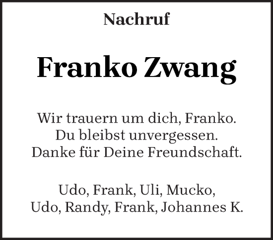 Traueranzeige von Franko Zwang von trierischer_volksfreund