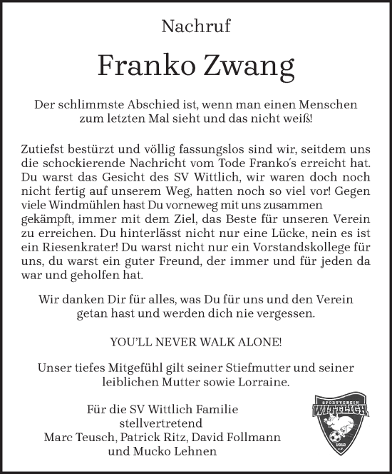 Traueranzeige von Franko Zwang von trierischer_volksfreund