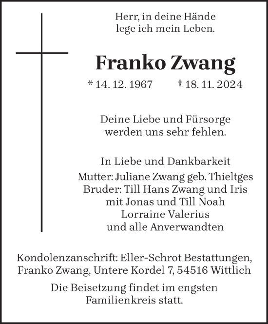 Traueranzeige von Franko Zwang von trierischer_volksfreund