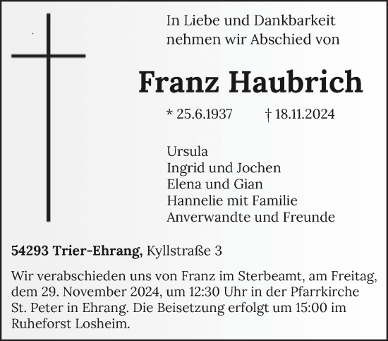 Traueranzeige von Franz Haubrich von trierischer_volksfreund