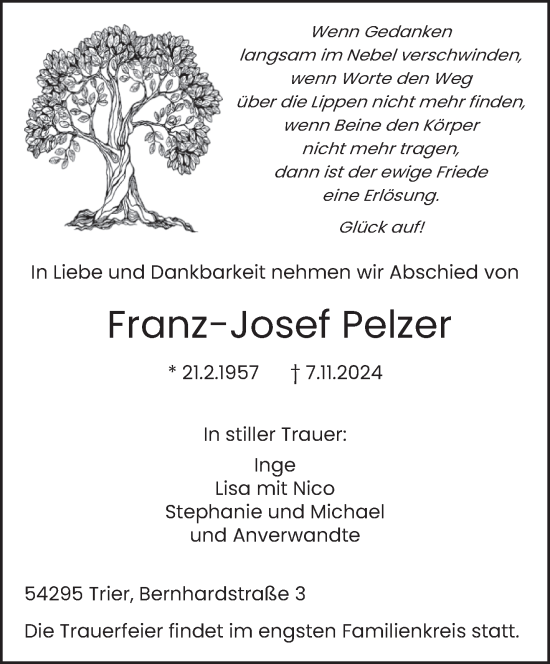 Traueranzeige von Franz-Josef Pelzer von trierischer_volksfreund