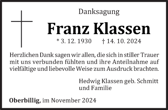 Traueranzeige von Franz Klassen von trierischer_volksfreund