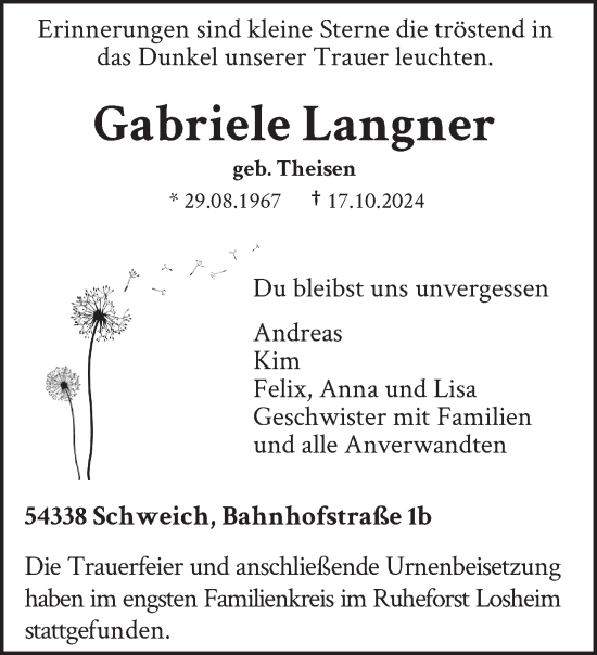 Traueranzeige von Gabriele Langner von trierischer_volksfreund