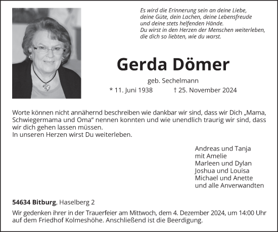 Traueranzeige von Gerda Dömer von trierischer_volksfreund