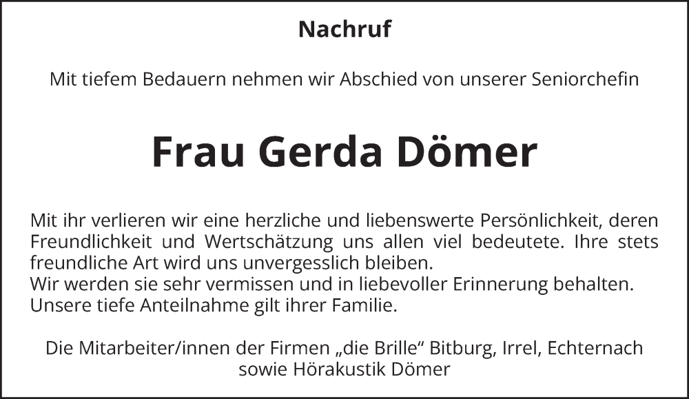  Traueranzeige für Gerda Dömer vom 29.11.2024 aus trierischer_volksfreund