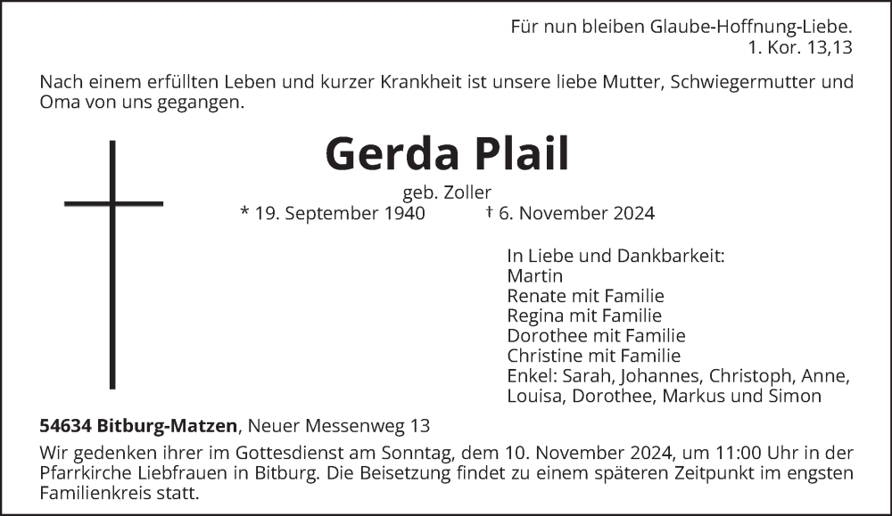  Traueranzeige für Gerda Plail vom 09.11.2024 aus trierischer_volksfreund