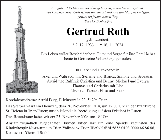 Traueranzeige von Gertrud Roth von trierischer_volksfreund