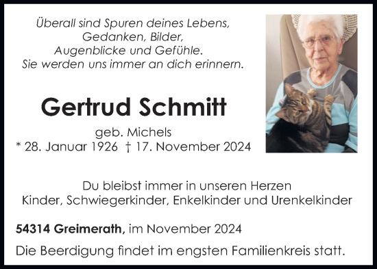 Traueranzeige von Gertrud Schmitt von trierischer_volksfreund