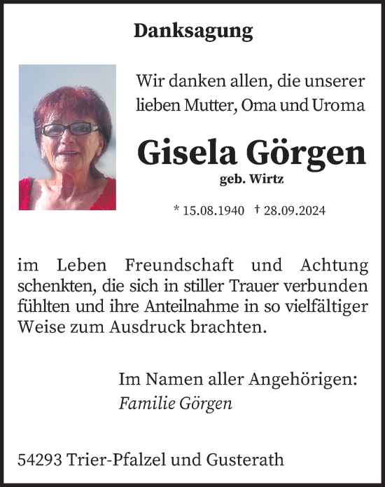 Traueranzeige von Gisela Görgen von trierischer_volksfreund