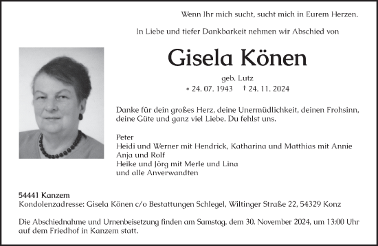 Traueranzeige von Gisela Könen von trierischer_volksfreund