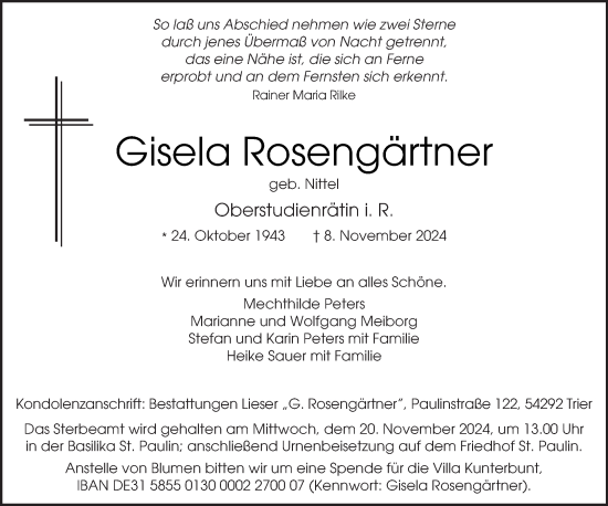 Traueranzeige von Gisela Rosengärtner von trierischer_volksfreund